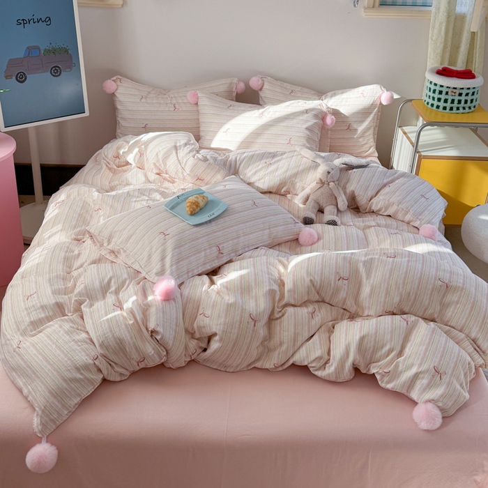 91家纺网 家纺一手货源 找家纺 金爱家 2025新款亲肤舒适纯棉双层纱四件套 双层纱-彩条蝴蝶结