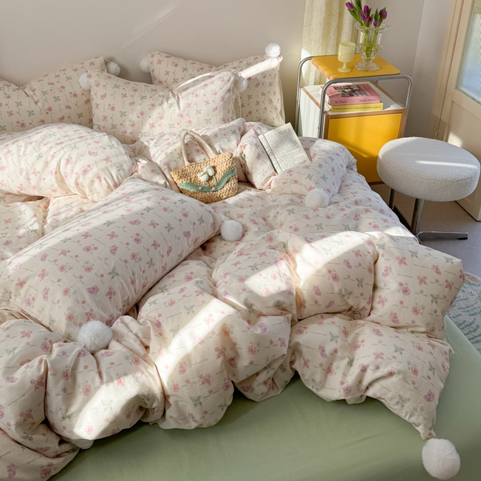 91家纺网 家纺一手货源 找家纺 金爱家 2025新款亲肤舒适纯棉双层纱四件套 双层纱-梦幻玫瑰蝴蝶