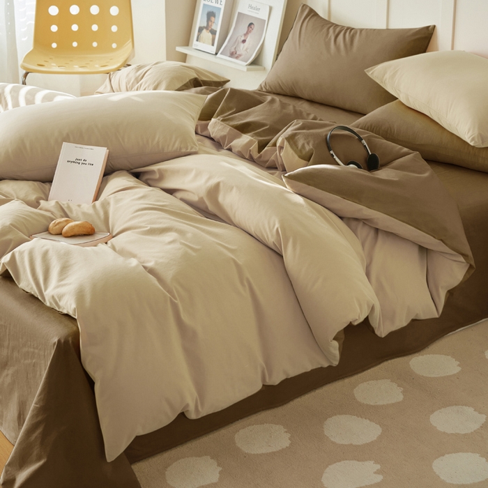 91家纺网 家纺一手货源 找家纺 2025新款全棉13372水洗棉双拼四件套（自然光） 40驼+暖木棕