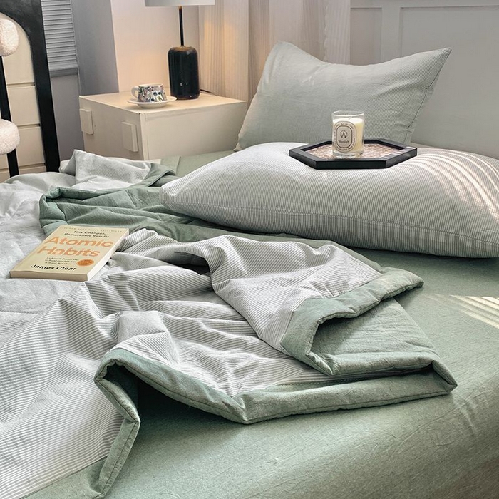 91家纺网 家纺一手货源 找家纺 水洗的故事 2025新款全棉色织水洗棉夏被&四件套 密条绿