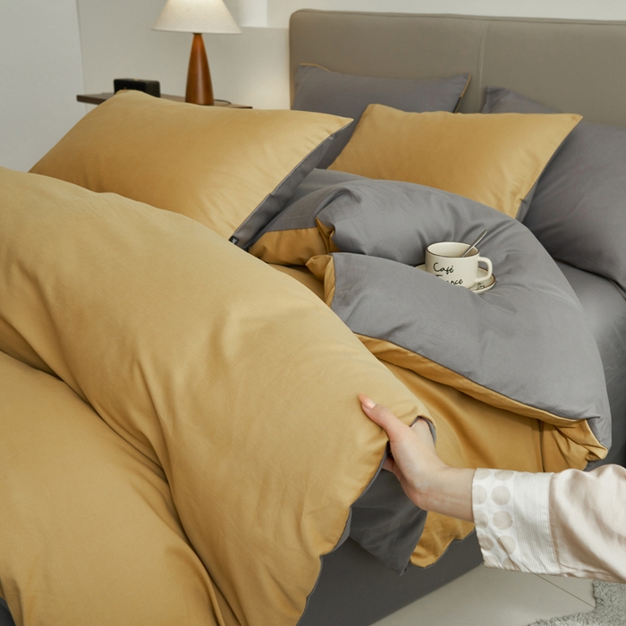 91家纺网 家纺一手货源 找家纺 2025新款全棉13372水洗棉双拼四件套（影棚亮光） 暗木幽香+宝藏灰