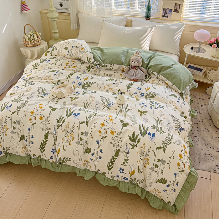 91家纺网 家纺一手货源 找家纺 忆生活家纺 2025新款韩版全棉花边款-单被套系列 桑梓绿