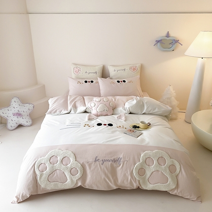 （总）星野  2025春夏新品全棉贴布绣立体耳朵卡通四件套-喵小爪