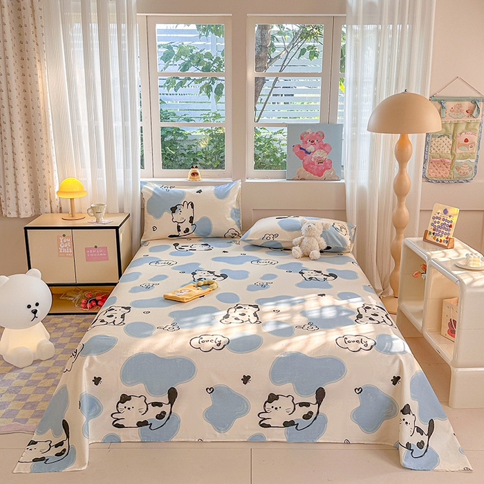 91家纺网 家纺一手货源 找家纺 吉象家纺 2025新款高支密全棉印花单品系列-单床单 奶牛猫