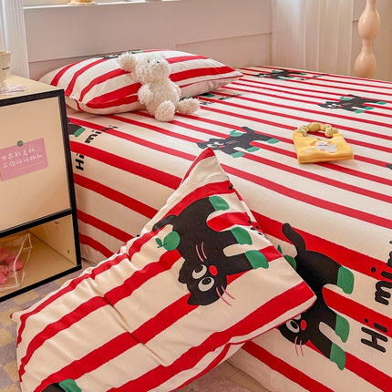 吉象家纺 2025新款高支密全棉印花单品系列-单床单 红线条小黑猫