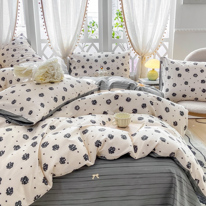 91家纺网 家纺一手货源 找家纺 宜家坊 2025早春新品全棉纯棉喷气13070小清新印花纯棉四件套-风格二 黑白恋曲