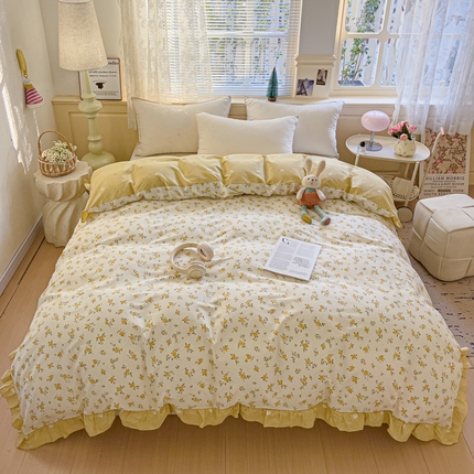 91家纺网 家纺一手货源 找家纺 忆生活家纺 2025新款韩版全棉花边款-单被套系列 小黄花