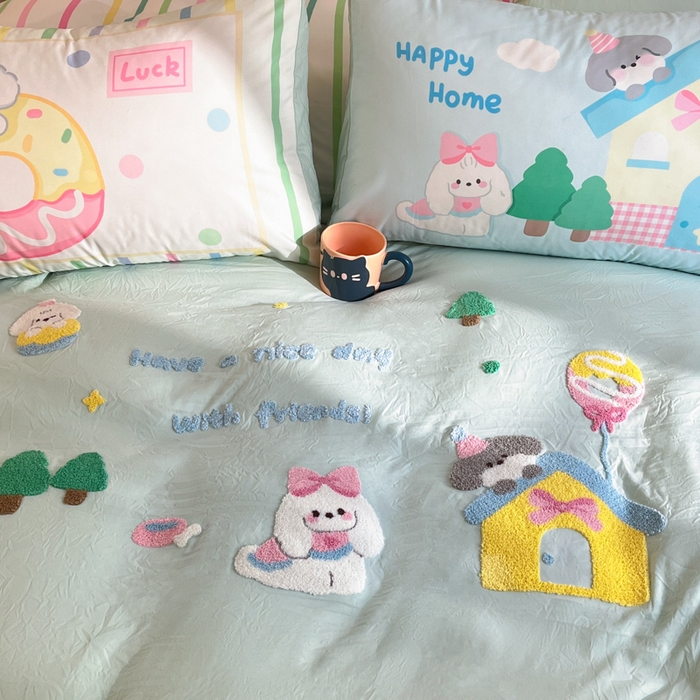 91家纺网 家纺一手货源 找家纺 沐慕 2025新款大版印加绣款四件套 萌宠家园