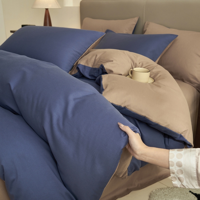 91家纺网 家纺一手货源 找家纺 2025新款全棉13372水洗棉双拼四件套（影棚亮光） 布鲁兰+拾柴