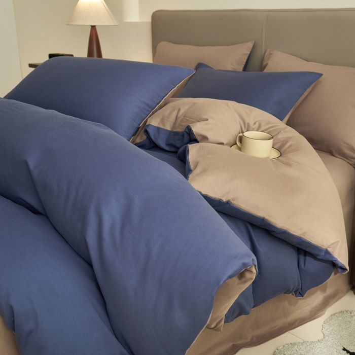 91家纺网 家纺一手货源 找家纺 2025新款全棉13372水洗棉双拼四件套（影棚亮光） 布鲁兰+拾柴