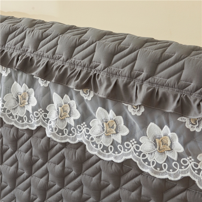 91家纺网 家纺一手货源 找家纺 十个点家纺 2025新款千鸟格磨毛绗缝夹棉纯色花边床头罩 经典深灰