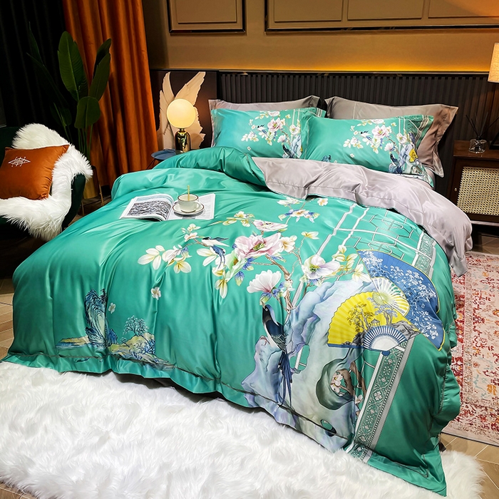 91家纺网 家纺一手货源 找家纺 梵克保罗 2025春夏新款天丝数码大版印花四件套 奥洛琳-绿