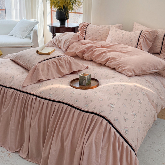 91家纺网 家纺一手货源 找家纺 沐慕 2025新款法式针织双层纱印花系列四件套 春和