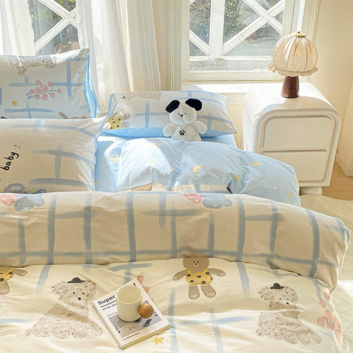 91家纺网 家纺一手货源 找家纺 宜家坊 2025早春新品全棉纯棉喷气13070小清新印花纯棉四件套-风格二 玩偶派对