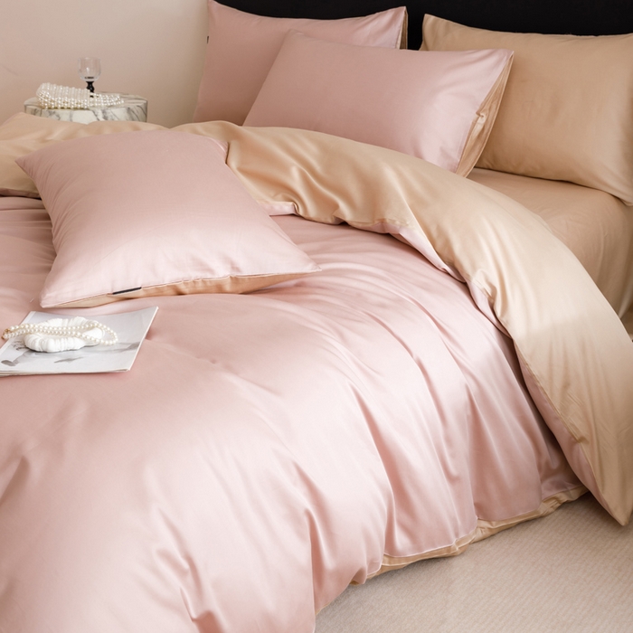 91家纺网 家纺一手货源 找家纺 2025新款60支纯棉长绒棉四件套 豆沙+香槟色