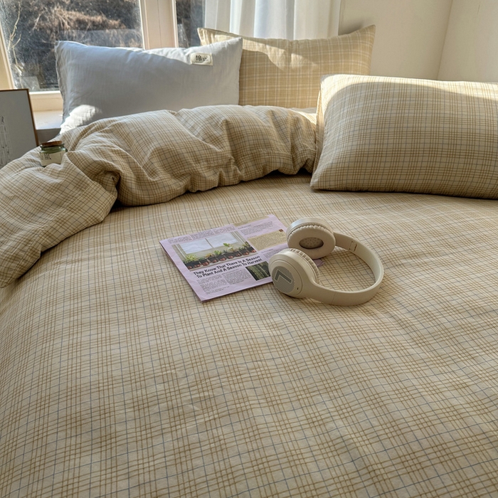 91家纺网 家纺一手货源 找家纺 三朵家纺 2025新款全棉双层纱混搭四件套 沐光-咖