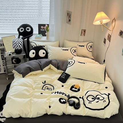 沐慕 2025新款简约亲肤毛巾绣四件套 黑球球-米灰