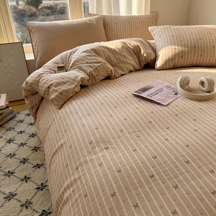 91家纺网 家纺一手货源 找家纺 三朵家纺 2025新款全棉双层纱混搭四件套 曙光-咖