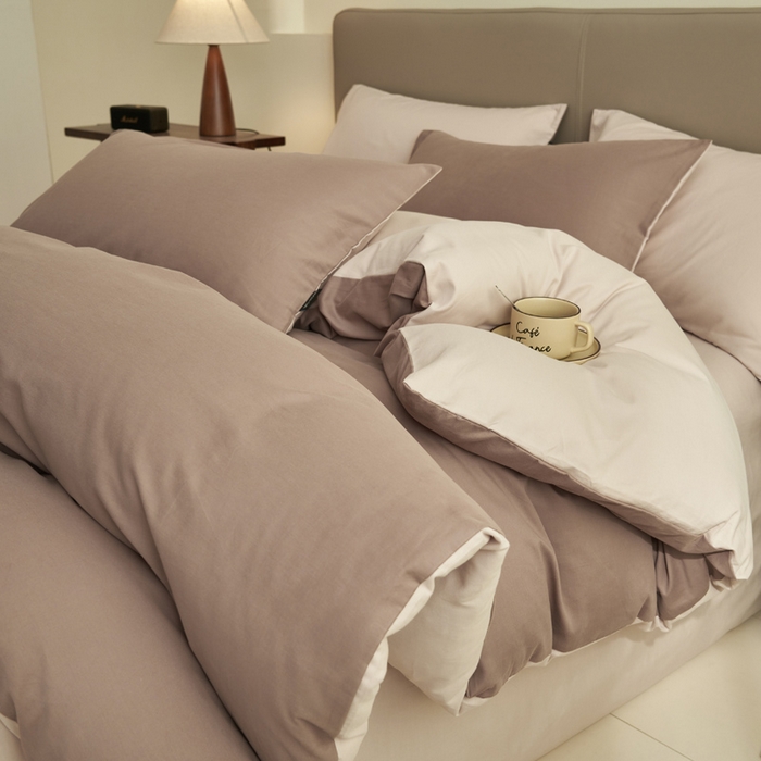 91家纺网 家纺一手货源 找家纺 2025新款全棉13372水洗棉双拼四件套（影棚暗光） 暗香紫砂+40驼