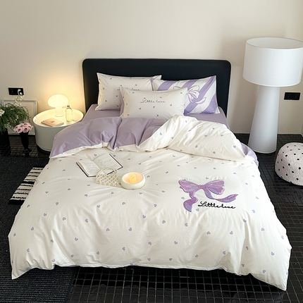 91家纺网 家纺一手货源 找家纺 典曼家纺 2025新款13372印花毛巾绣四件套 紫色心情