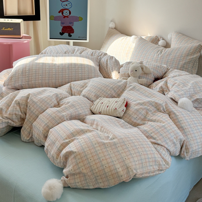 91家纺网 家纺一手货源 找家纺 金爱家 2025新款亲肤舒适纯棉双层纱四件套 双层纱-炫彩小樱桃