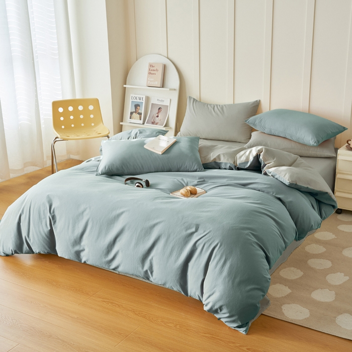 91家纺网 家纺一手货源 找家纺 2025新款全棉13372水洗棉双拼四件套（自然光） 安然蓝+毛毯灰