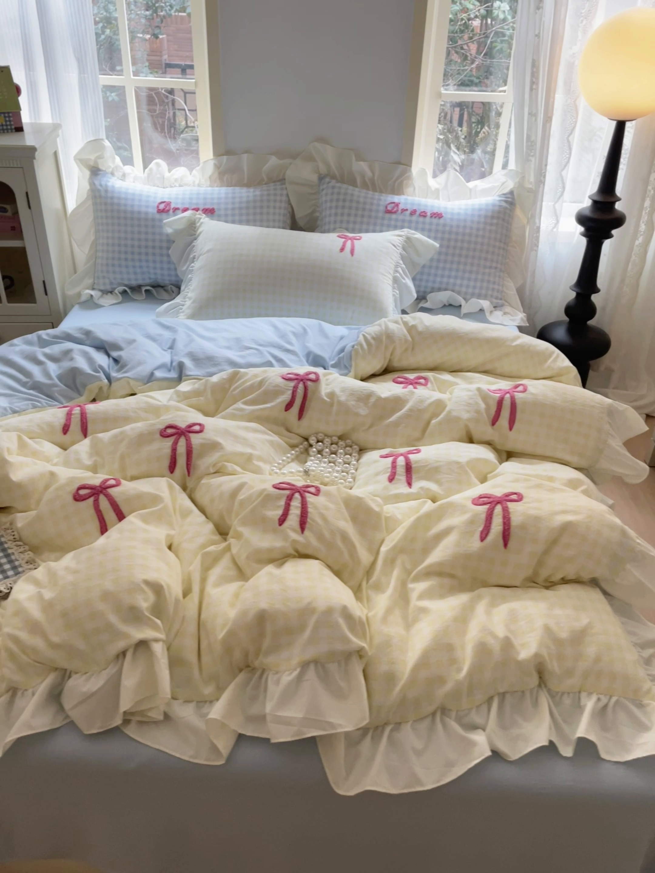 91家纺网 家纺一手货源 找家纺 沐辰2025春夏新款韩式花边款蝴蝶结四件套 韩式蝴蝶结-黄