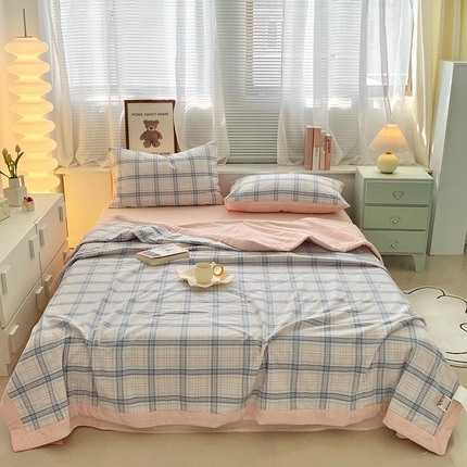水洗的故事 2025新款全棉色织水洗棉棉花夏被被子被芯 晚星粉格