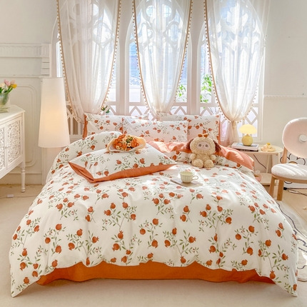 91家纺网 家纺一手货源 找家纺 宜家坊 2025早春新品全棉纯棉喷气13070小清新印花纯棉四件套-风格二 红了石榴