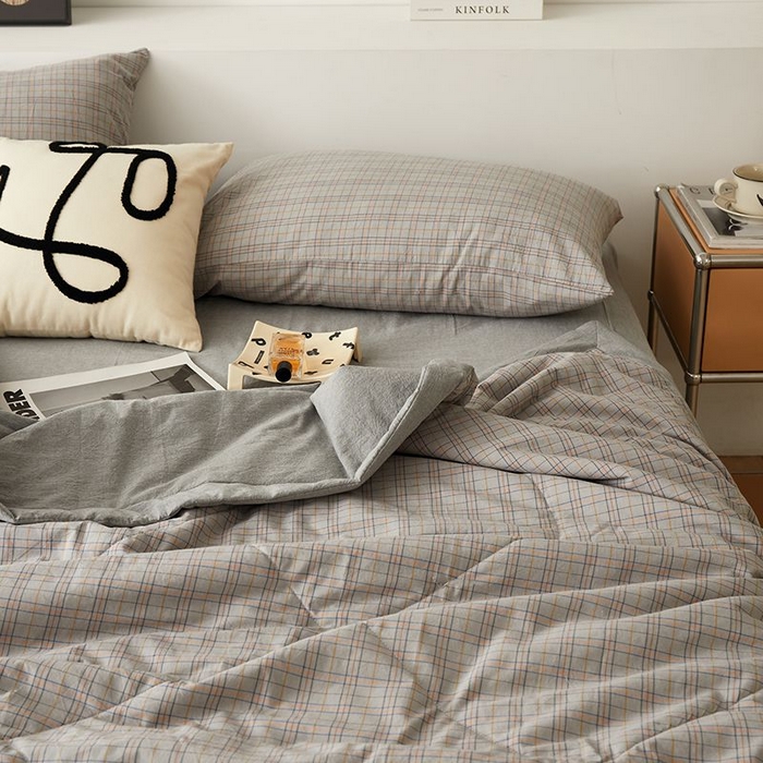 91家纺网 家纺一手货源 找家纺 水洗的故事 2025新款全棉色织水洗棉夏被&四件套 赫本灰