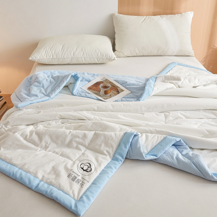 91家纺网 家纺一手货源 找家纺 熙宴家纺 2025新款水洗棉100%新疆棉花夏被-棉白 棉白+蓝
