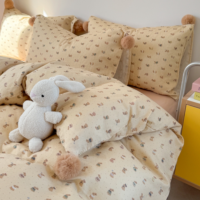 91家纺网 家纺一手货源 找家纺 金爱家 2025新款亲肤舒适纯棉双层纱四件套 双层纱-奶咖小兔