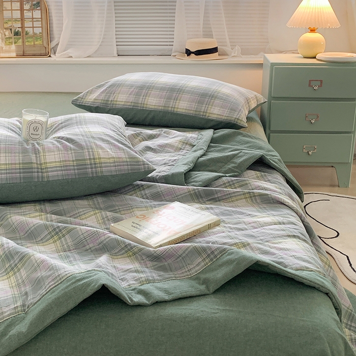 91家纺网 家纺一手货源 找家纺 水洗的故事 2025新款全棉色织水洗棉棉花夏被被子被芯 仙踪绿格