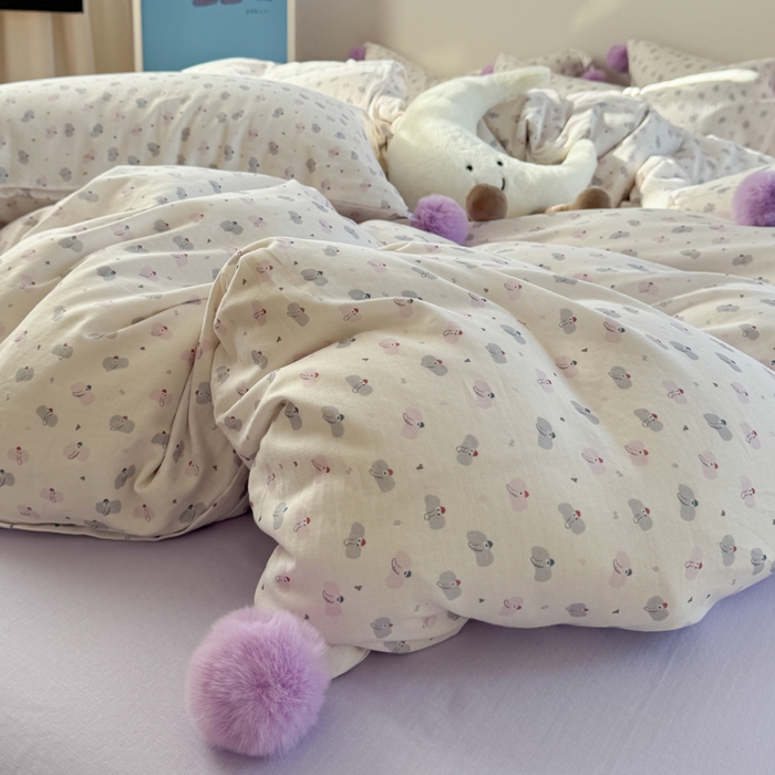 91家纺网 家纺一手货源 找家纺 金爱家 2025新款亲肤舒适纯棉双层纱四件套 双层纱-芋泥紫小象