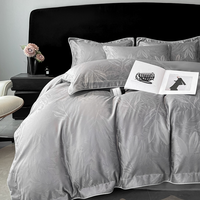 91家纺网 家纺一手货源 找家纺 米彩家纺 2025新款A类水洗真丝天丝提花四件套 一叶深情高级灰