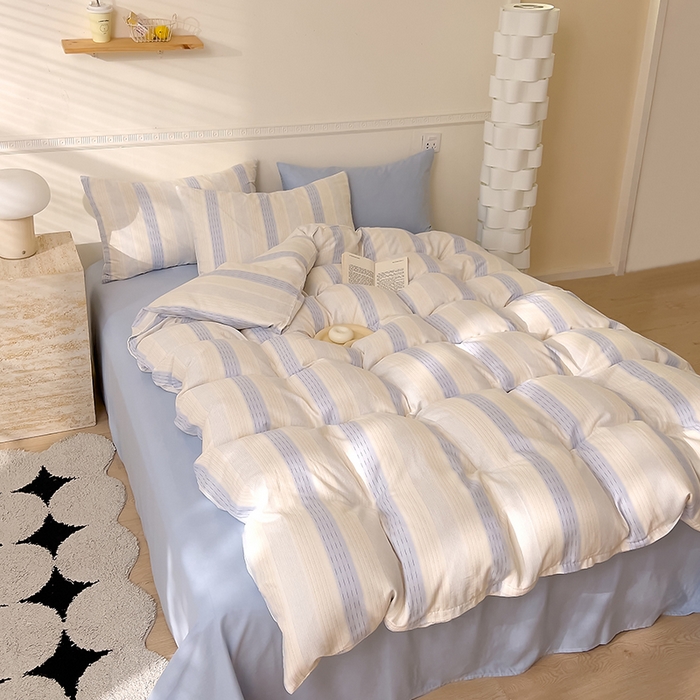 91家纺网 家纺一手货源 找家纺 DoDo 兜兜 2025新款全棉双层纱印花四件套（可定做尺寸） 律动-蓝