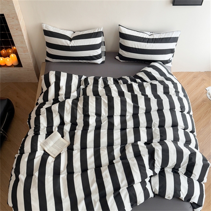 91家纺网 家纺一手货源 找家纺 金丝鸟家纺 2025新款全棉斜纹印花条纹系列四件套及单品 黑白世界