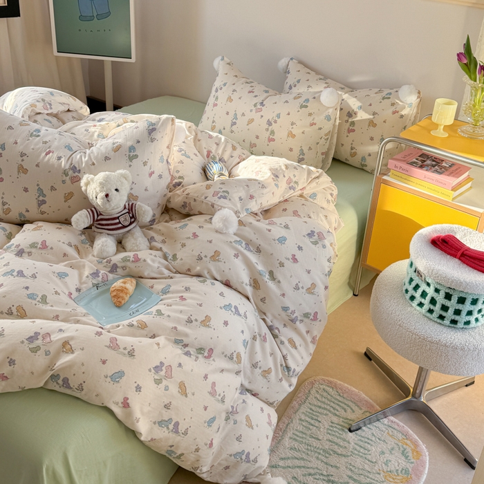 91家纺网 家纺一手货源 找家纺 金爱家 2025新款亲肤舒适纯棉双层纱四件套 双层纱-彩色小恐龙