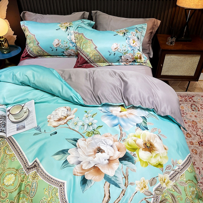 91家纺网 家纺一手货源 找家纺 梵克保罗 2025春夏新款天丝数码大版印花四件套 花香琉璃-红