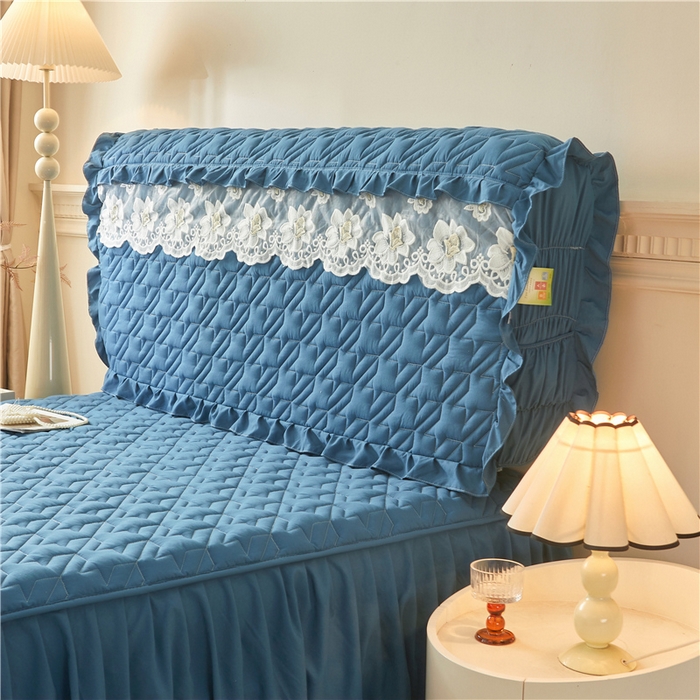 91家纺网 家纺一手货源 找家纺 十个点家纺 2025新款千鸟格磨毛绗缝夹棉纯色花边床头罩 经典兰色