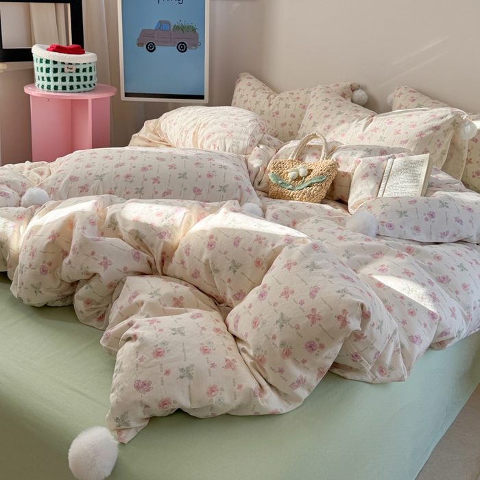 91家纺网 家纺一手货源 找家纺 金爱家 2025新款亲肤舒适纯棉双层纱四件套 双层纱-梦幻玫瑰蝴蝶