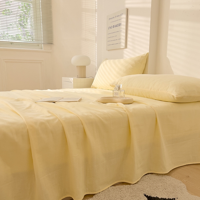 91家纺网 家纺一手货源 找家纺 DoDo 兜兜 2025新款全棉双层纱印花单床单（可定做尺寸） 奶油黄