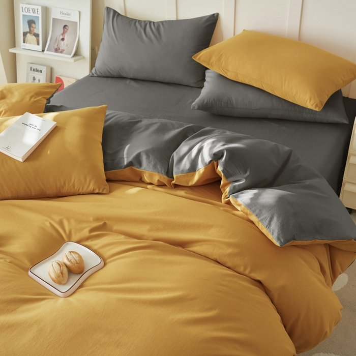 91家纺网 家纺一手货源 找家纺 2025新款全棉13372水洗棉双拼四件套（自然光） 暗木幽香+宝藏灰