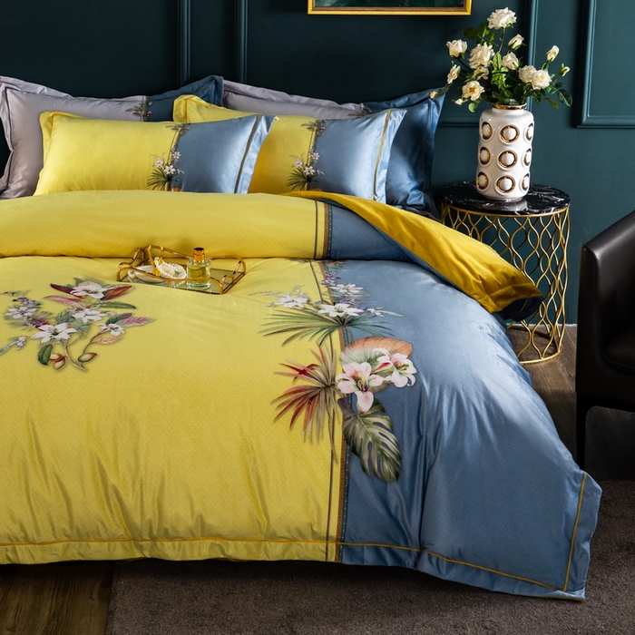 91家纺网 家纺一手货源 找家纺 梵克保罗 2025春夏新款天丝数码大版印花四件套 米莱-黄