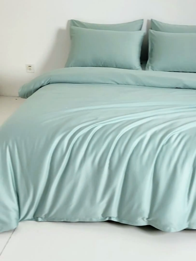 91家纺网 家纺一手货源 找家纺 憨豆家纺 2025新款全棉长绒棉四件套纯色贡缎纯棉被套床笠款三件套 薄荷绿