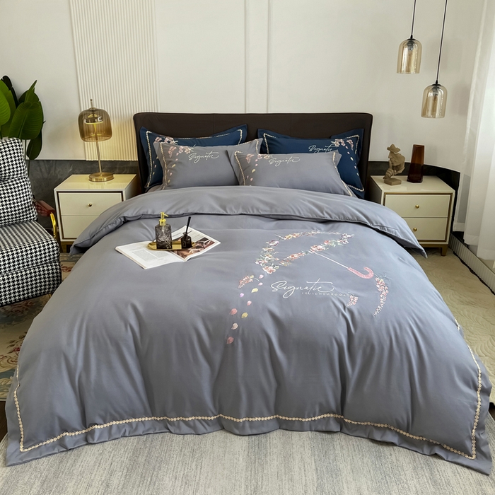 91家纺网 家纺一手货源 找家纺 梵克保罗 2025新款直播热卖长绒棉刺绣花边四件套-莉薇系列 莉薇-高级灰