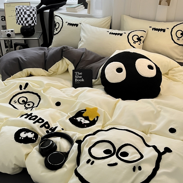 91家纺网 家纺一手货源 找家纺 沐慕 2025新款简约亲肤毛巾绣四件套 黑球球-米灰