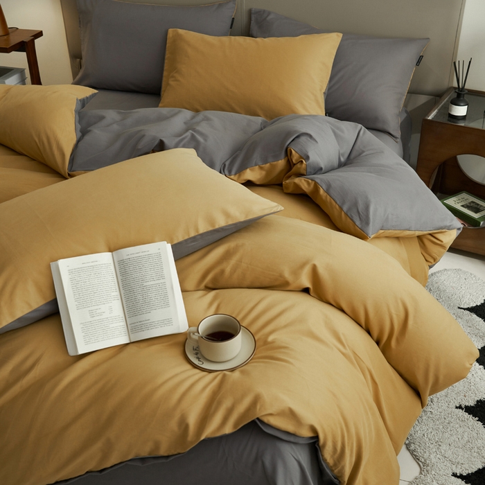 91家纺网 家纺一手货源 找家纺 2025新款全棉13372水洗棉双拼四件套（影棚亮光） 暗木幽香+宝藏灰