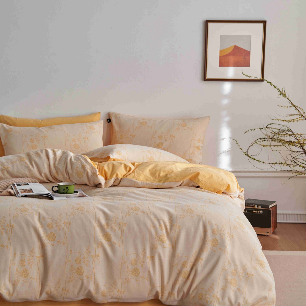 91家纺网 家纺一手货源 找家纺 安莱生活 2025新款60s双层纱色织大提花枝上玫瑰四件套系列 枝上玫瑰-嫩黄