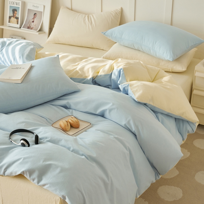 91家纺网 家纺一手货源 找家纺 2025新款全棉13372水洗棉双拼四件套（自然光） 天蓝+米黄